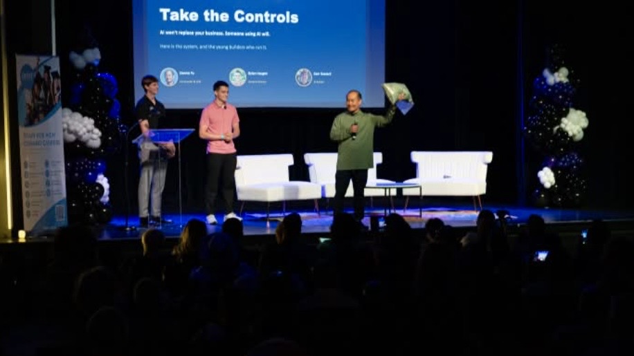Cam Hazzard, Dylan Haugen, and Dennis Yu speaking at the DSDT AI Summit