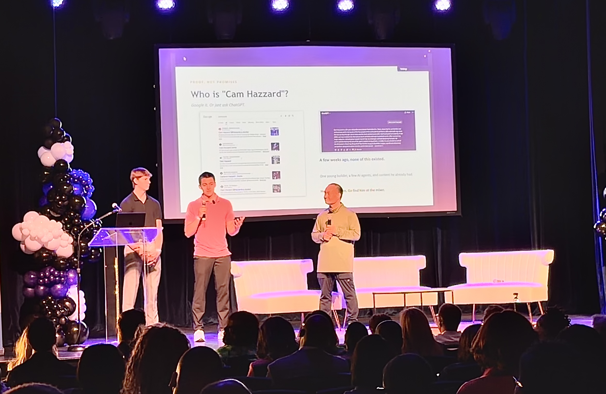 Dennis Yu, Dylan Haugen, and Cam Hazzard speaking at the DSDT AI Summit